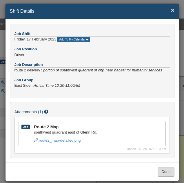 Shift Detail modal with attached route map